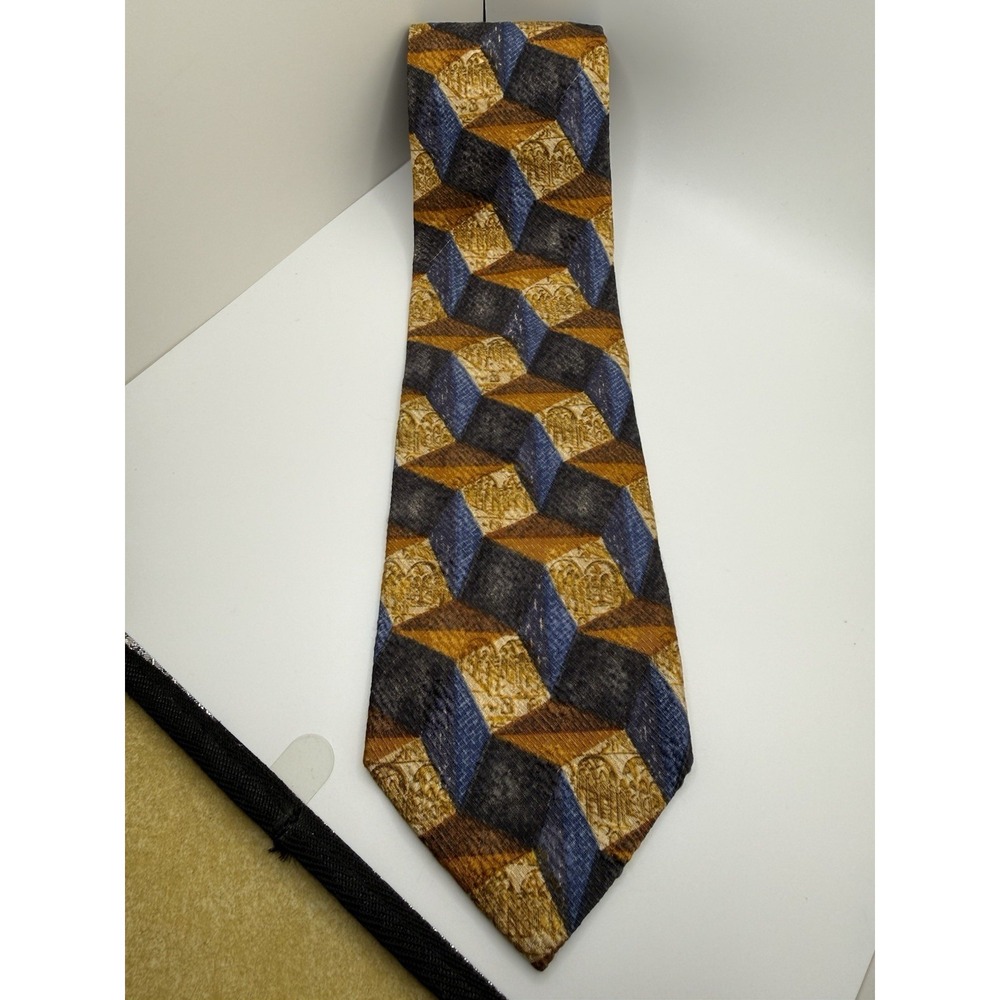 Ermenegildo Zegna Silk Tie Italy Blue Gold Brown Geometric Medallion Wide